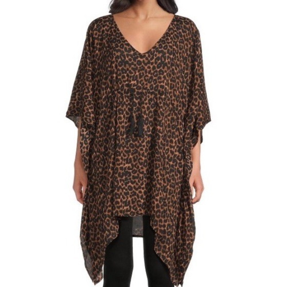 Anna & Ava Womens Leopard Print Kaftan Poncho Top V-Neck Tassel Brown Black O/S